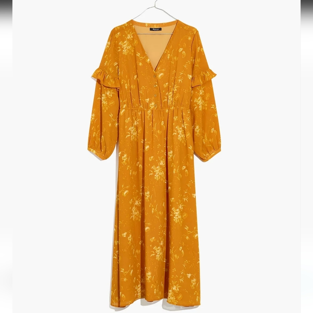 Ruffle-Sleeve Floral Button-Front Dress in Tonal Botanical Gold Yellow Size 2 - Picture 2 of 15